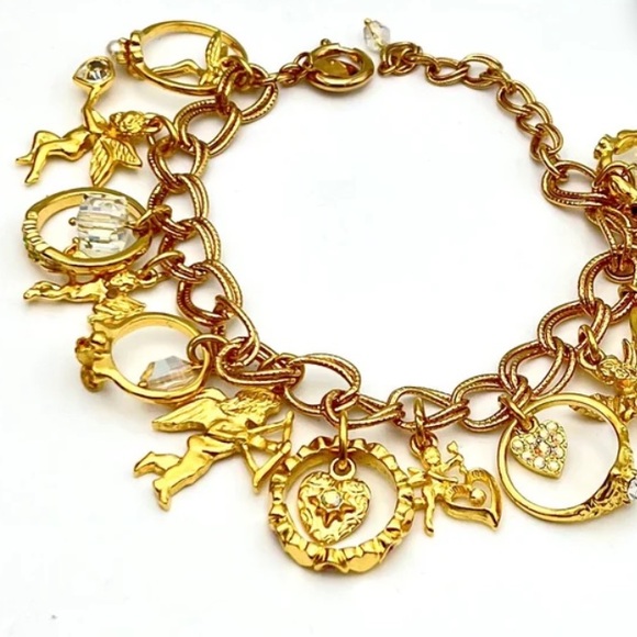 Kirks Folly charm bracelet crystal gold rings hearts cherubs dangles -Bnwot - Picture 6 of 15